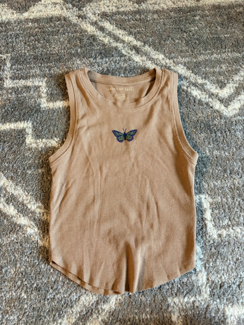 American Eagle Outfitters Tan Ribbed Tank Top with Butterfly detail
